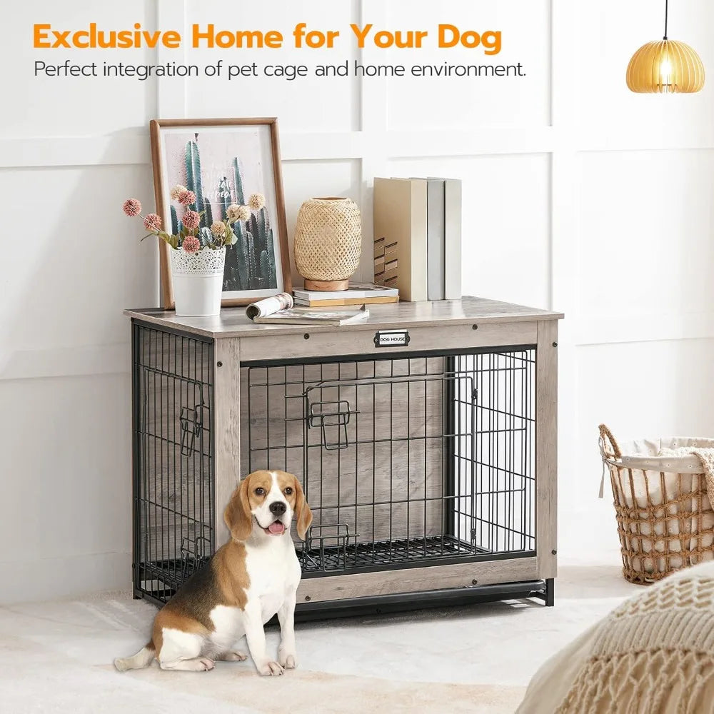 Free Delivery - Dog Crate Furniture, 32.5" Medium Dog Kennel Indoor, Wooden Cage with Pull-Out Tray, Double Doors Pet House