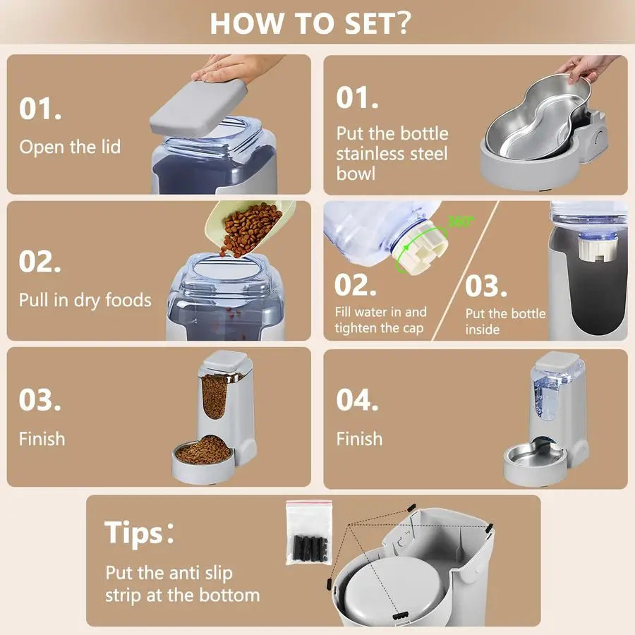 Cat And Dog Automatic Feeder Water Dispenser Stainless Steel Bowl