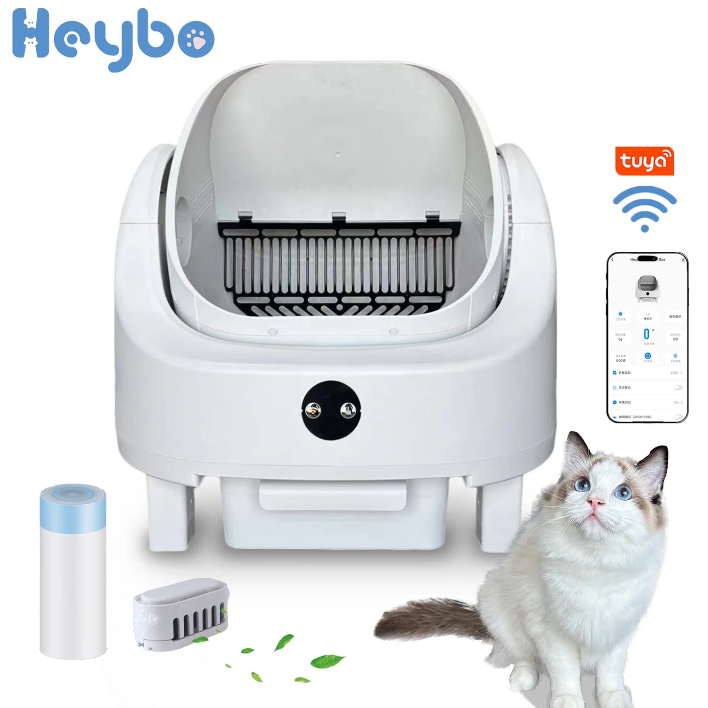 HEYBO PET Large Capacity Self Cleaning Cat Litter Box Safety App Control Odor Free Waste Bin Auto Smart Open Cat Litter Box