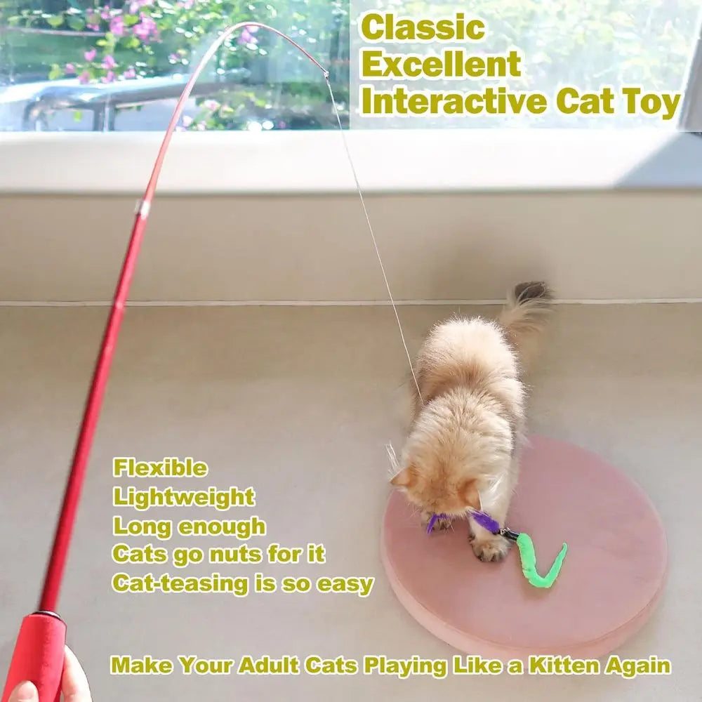 Cat Interactive Retractable Wand Toy Kit With Feather Toys For Indoor Cats