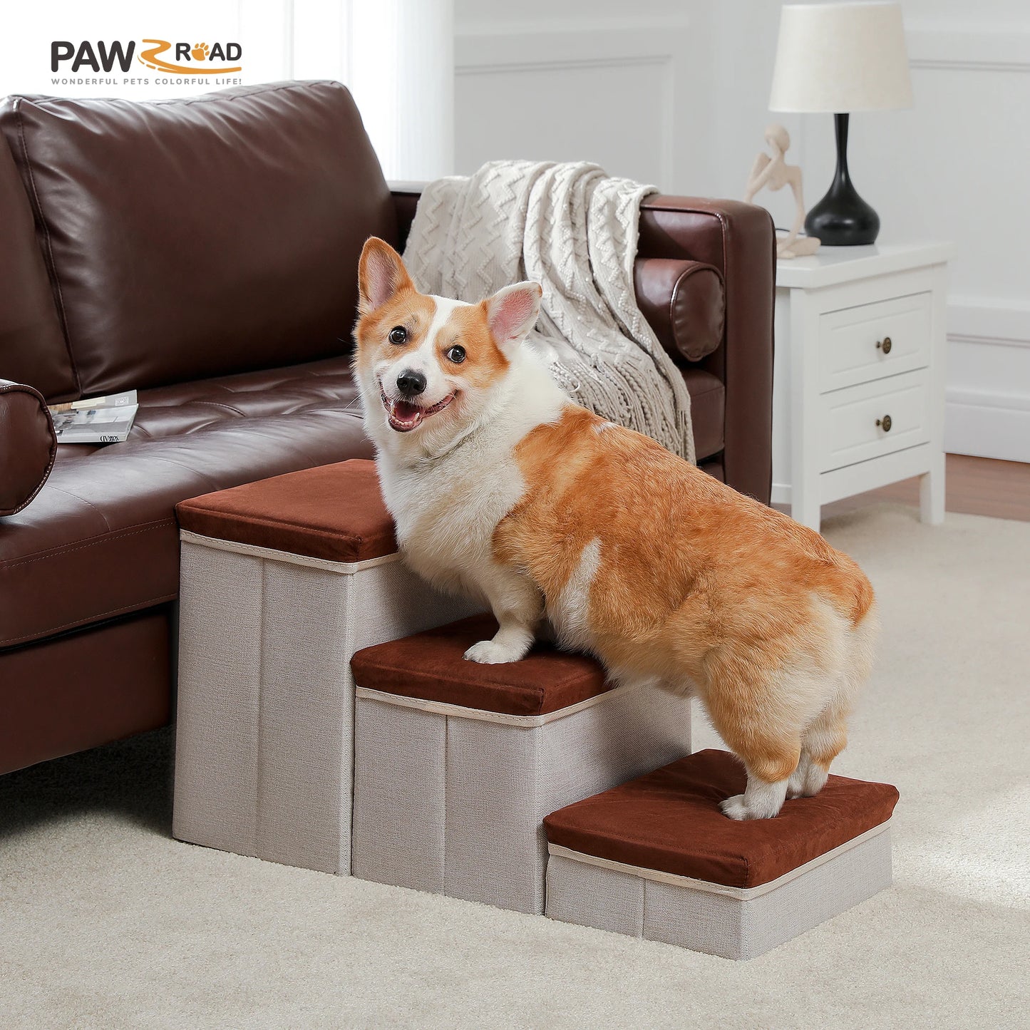 3-Tier Dog Stairs Foldable Pet Stair with Storage Box Adjustable Height Dog Steps for Small Old Dog Cat Non-Slip Pet Ramp Indoor