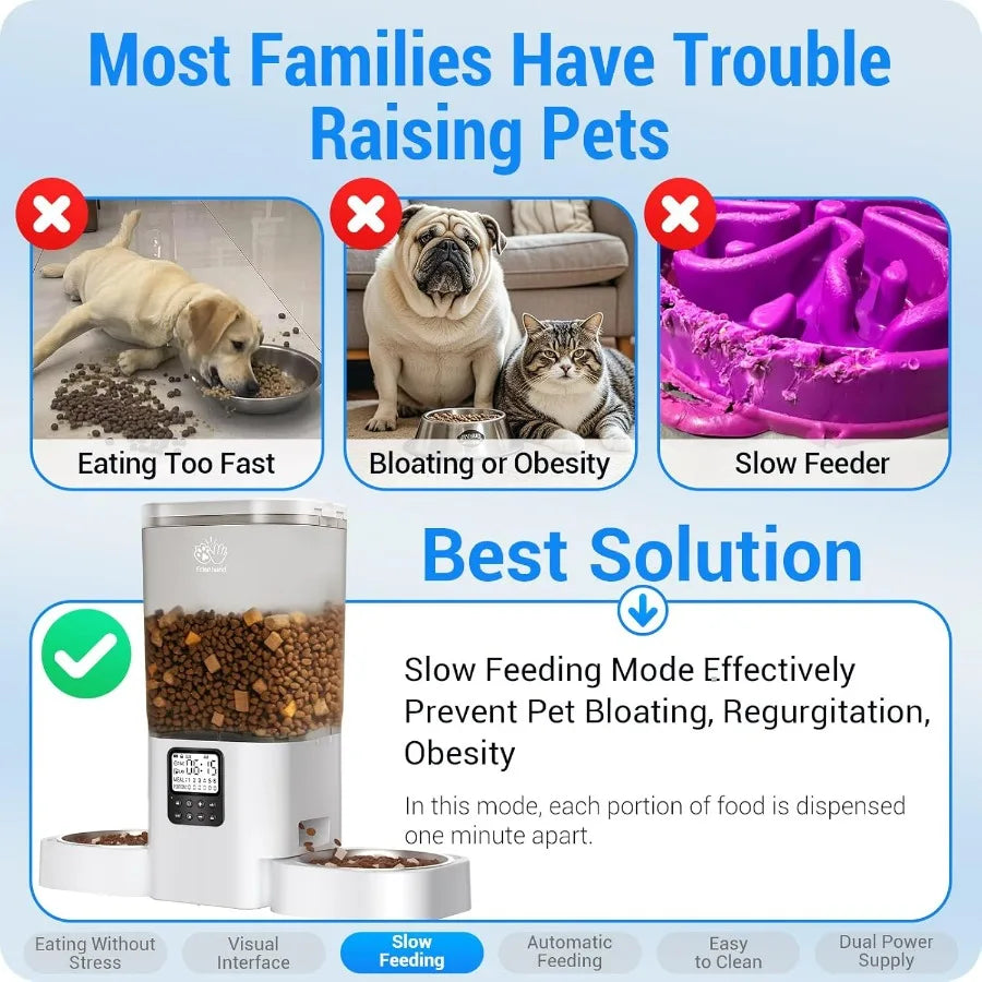 Automatic Cat Feeder with Slow Feed for 2 Cats: Timed Automatic Dog Feeder with Information Visualization Interface Cat Food Di