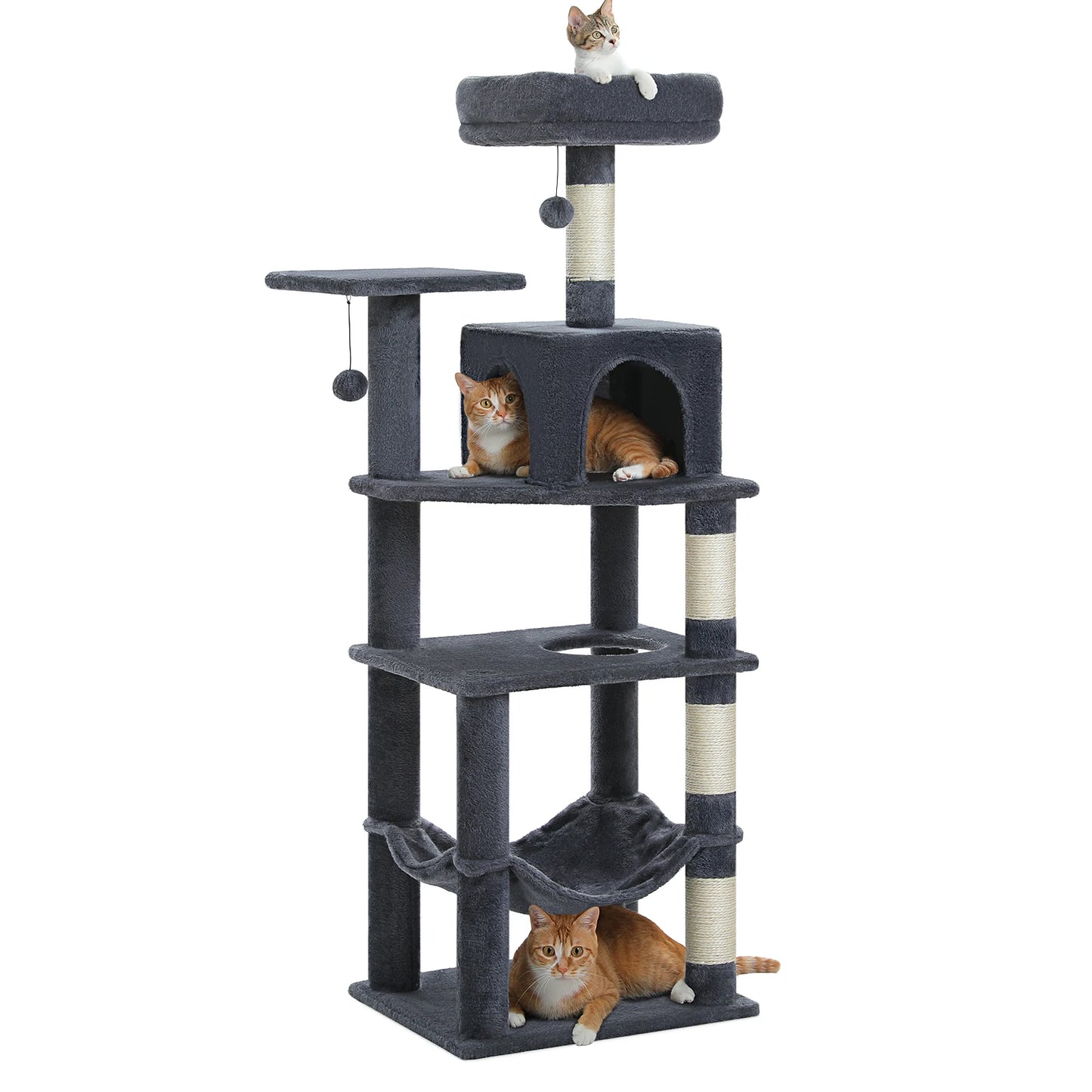 Multi-Level Cat Tree Tower with Private Condo,Top Perches,Large Soft Hammock,Interactive Pompom,Natural Sisal Scratching Posts