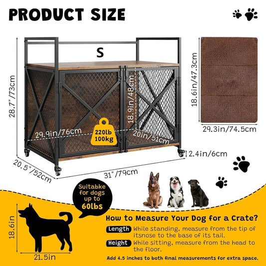 Large Wooden Dog Crate Furniture, Decorative End Table Indoor Dog House, With Lockable Wheels For Dogs, Heavy Duty Dog Cage