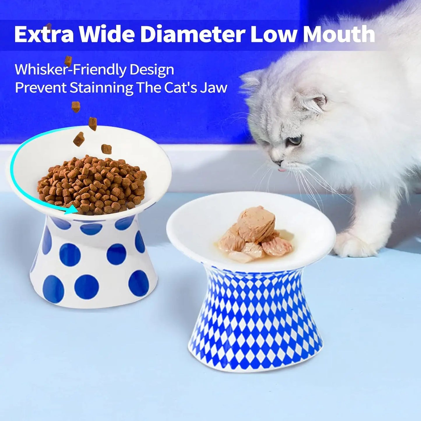 Elevated Cat Ceramic Bowls Extra Wide Raised Cat Food and Water Tilted Bowls Anti Vomiting Stress Free Cat Feeder Bowls