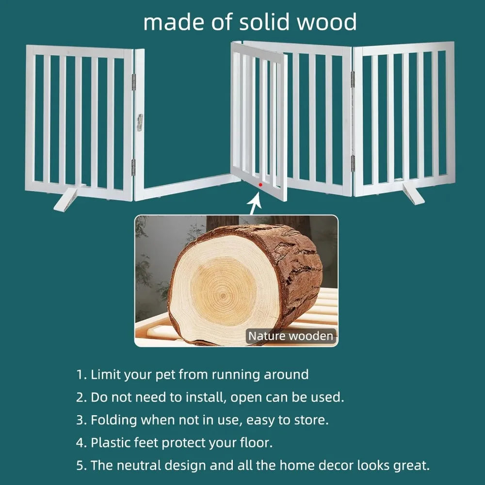 Foldable Dog Gate Indoor with Door, Wooden White Dog Fence for Doorway, Stairs, House, or Room, Pet Gate with Support