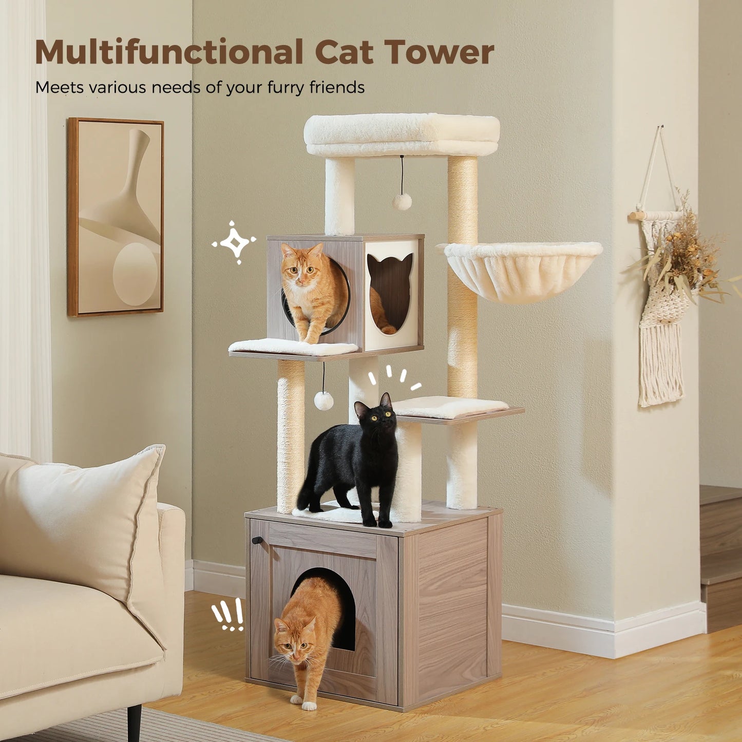 Wood Cat Tree with Storage Cabinet Sisal Scratching Posts Cozy Condo Hammock Dangling Balls Large Cat Tower for Indoor Cat Toys