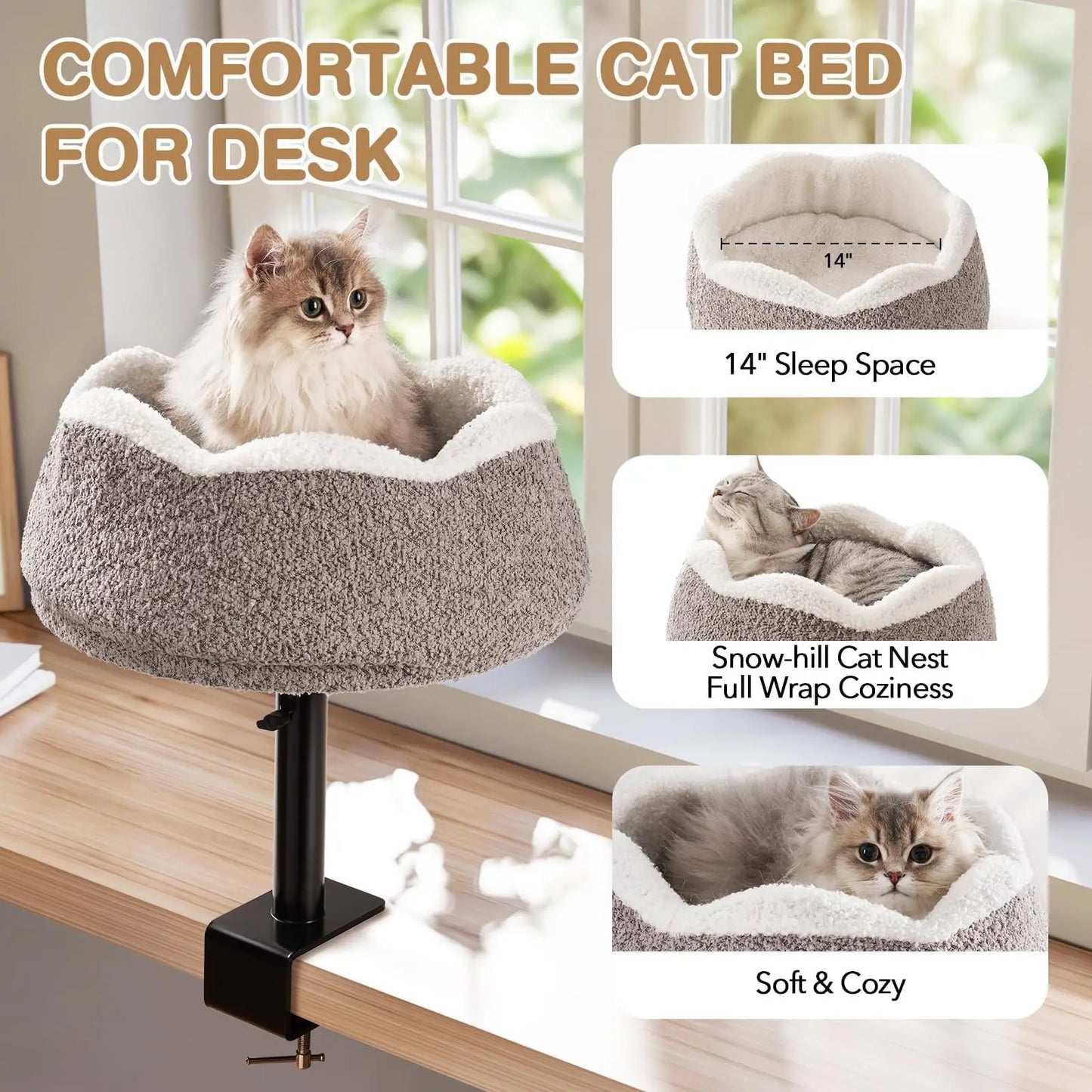 MEWOOFUN Cat Desk Bed Desk Perch with 360 Rotation Adjustable Height Full Wrap Around Edges Comfortable Pet Bed Desktop For Cats