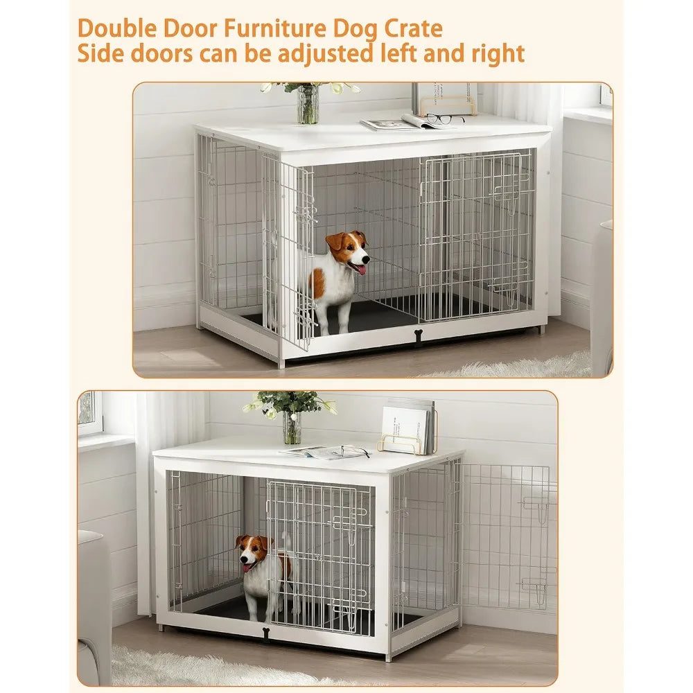 Wooden Dog Crate Furniture with Divider, End Table Design, and Double Door Kennel with Removable Tray