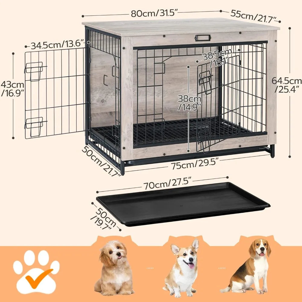 Free Delivery - Dog Crate Furniture, 32.5" Medium Dog Kennel Indoor, Wooden Cage with Pull-Out Tray, Double Doors Pet House