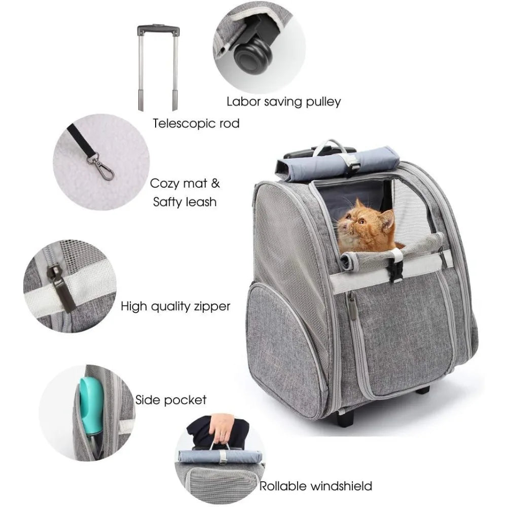 Pet Rolling Carrier, Dog Backpack with Wheels, Cats, Puppies Travel Bag with Wheels, Dog Trolley (Grey)