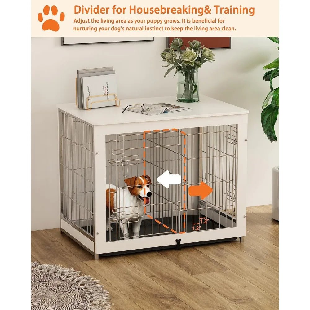 Wooden Dog Crate Furniture with Divider, End Table Design, and Double Door Kennel with Removable Tray