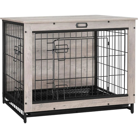 Free Delivery - Dog Crate Furniture, 32.5" Medium Dog Kennel Indoor, Wooden Cage with Pull-Out Tray, Double Doors Pet House