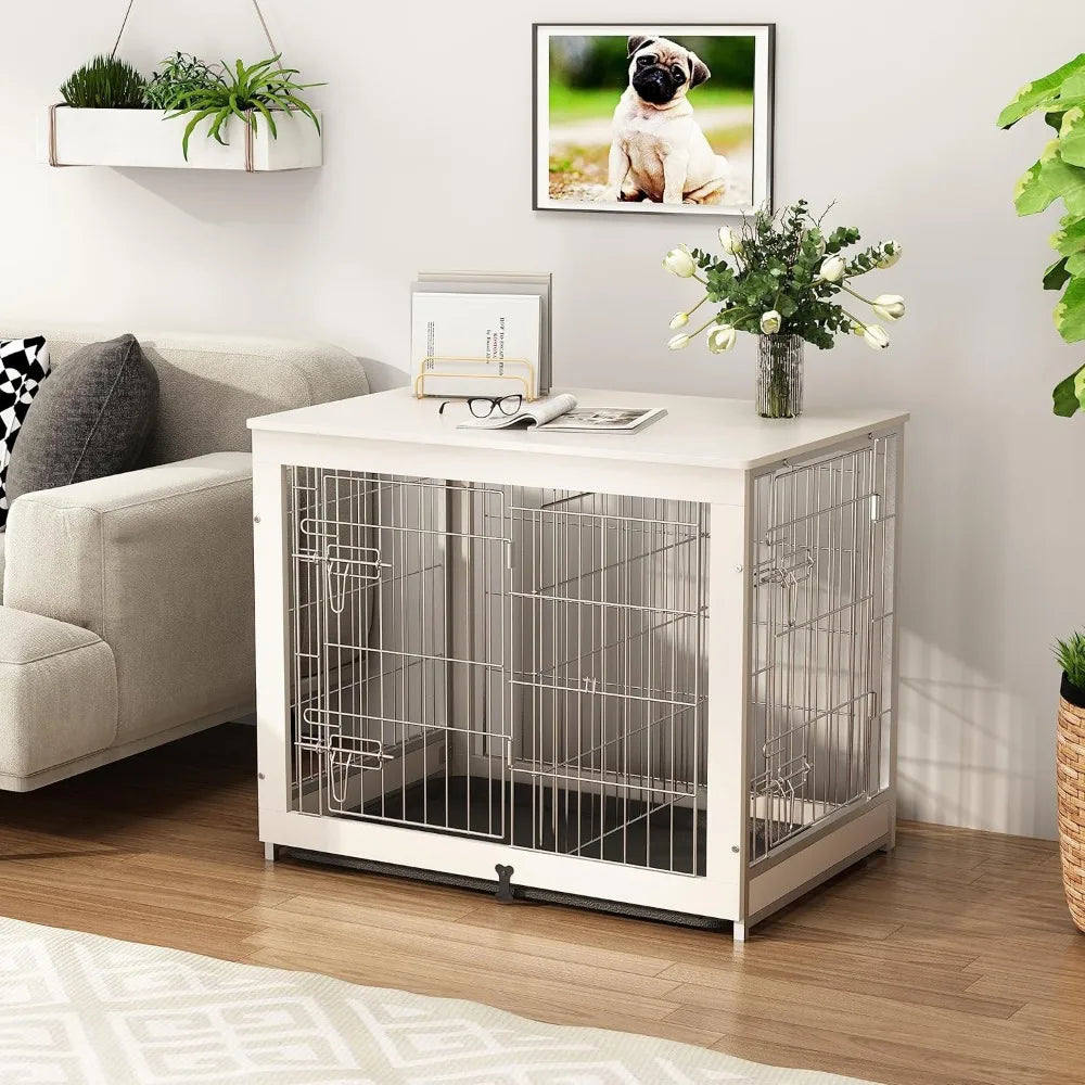 Wooden Dog Crate Furniture with Divider, End Table Design, and Double Door Kennel with Removable Tray