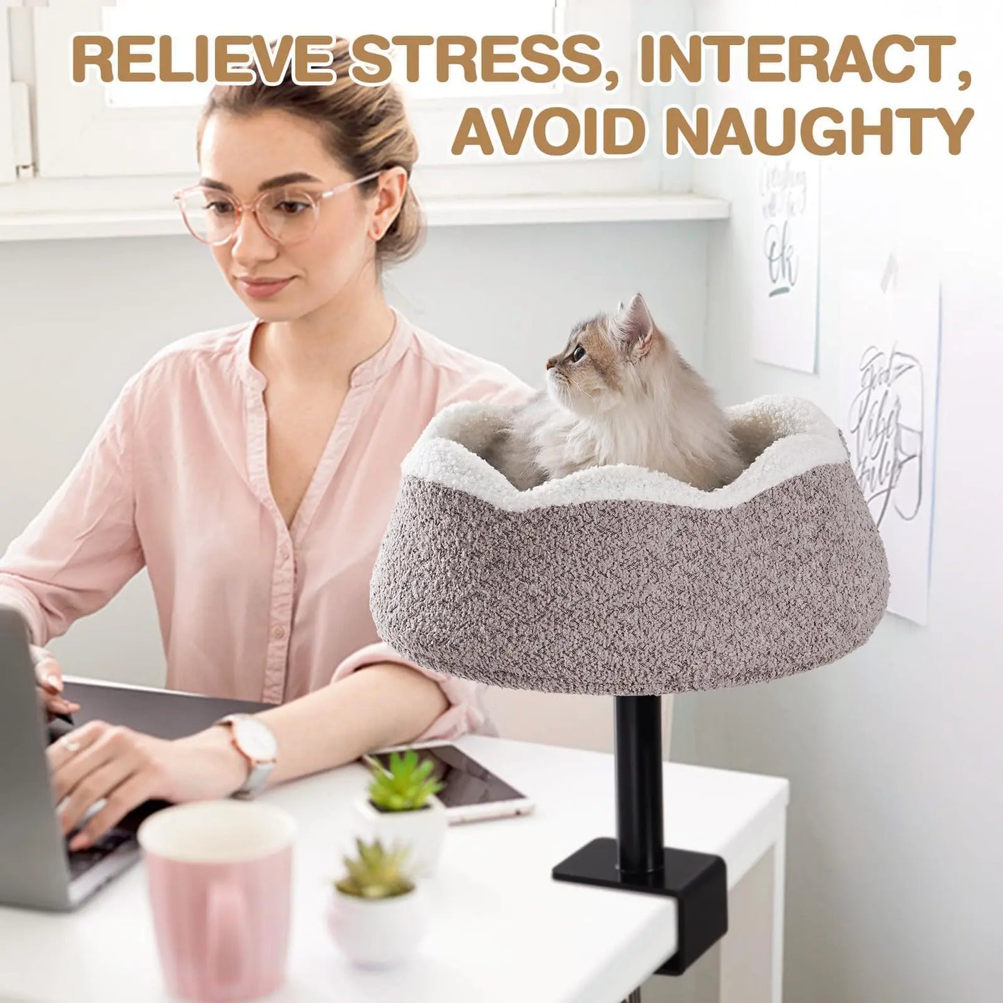 MEWOOFUN Cat Desk Bed Desk Perch with 360 Rotation Adjustable Height Full Wrap Around Edges Comfortable Pet Bed Desktop For Cats