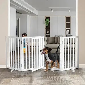 Foldable Dog Gate Indoor with Door, Wooden White Dog Fence for Doorway, Stairs, House, or Room, Pet Gate with Support