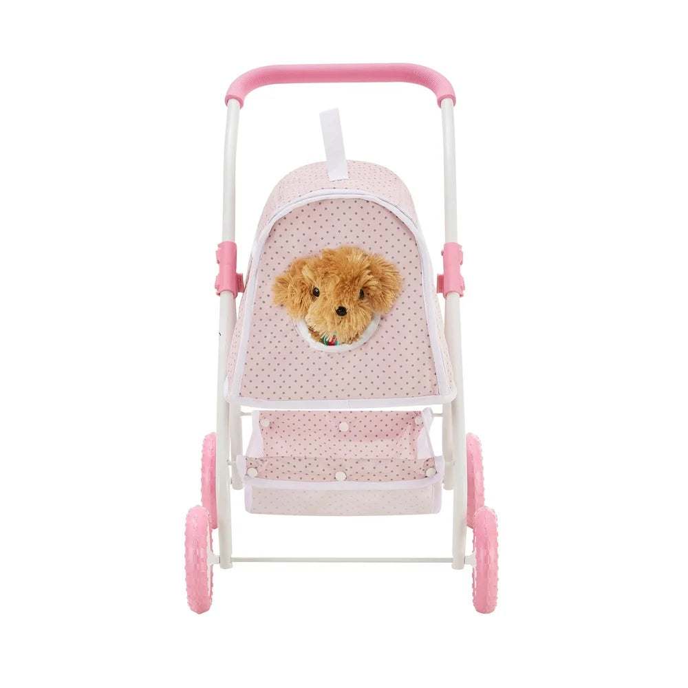 2-in-1 Pretend Pet Stroller Carrier Durable Pink Gray Polka Dot Storage Basket Collapsible Design Kid Safe Metal Frame