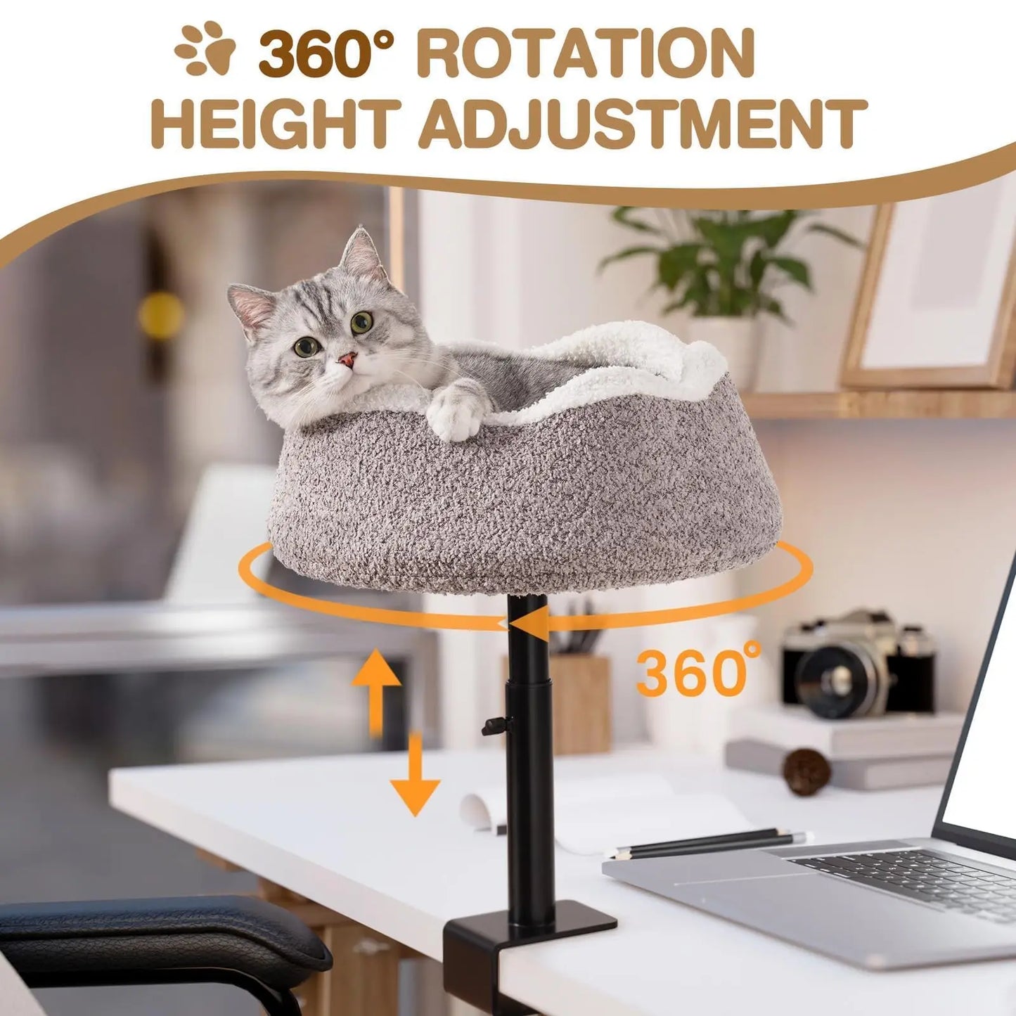 MEWOOFUN Cat Desk Bed Desk Perch with 360 Rotation Adjustable Height Full Wrap Around Edges Comfortable Pet Bed Desktop For Cats