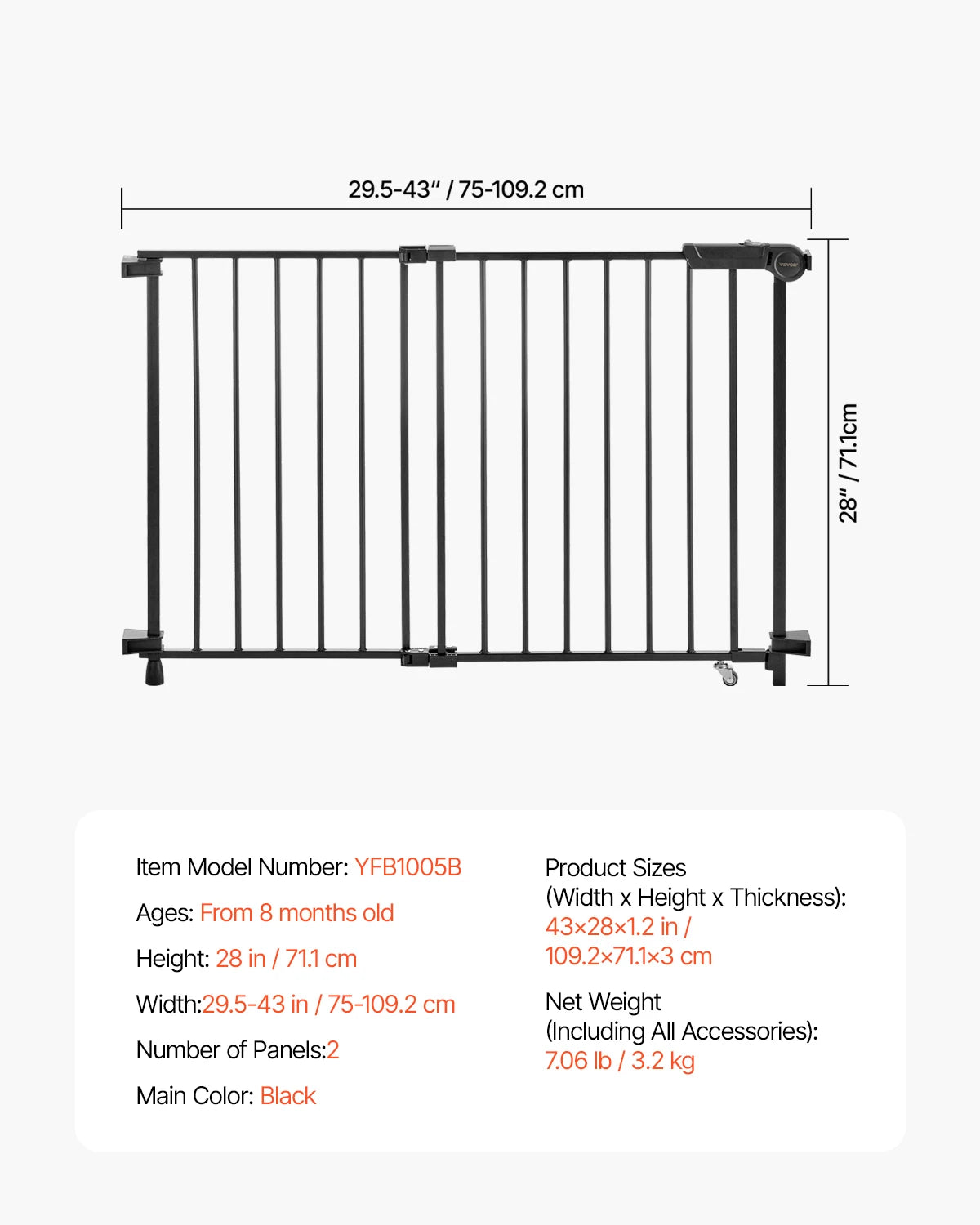 SucceBuy Baby Gate 29.5-43 Inches Adjustable Width 28 Inches High Dog Gate No Threshold Bar Easy Step Walk Child Pet Security