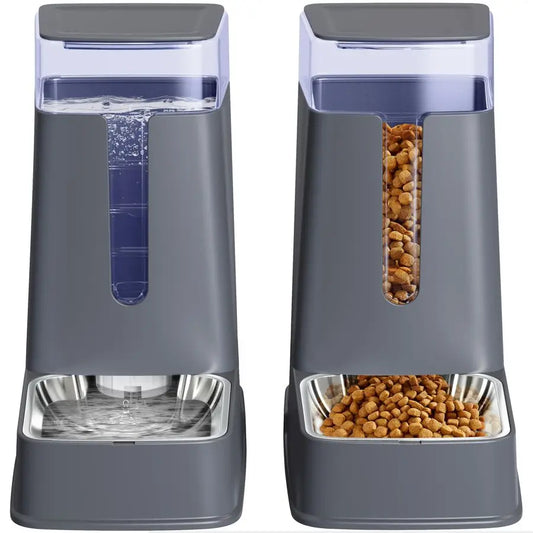 Pet Food And Water Dispenser Set With Stainless Steel Bowls