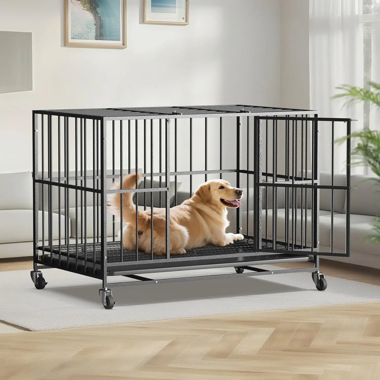 Heavy Duty Steel Dog Crate With Escape Proof Double Door