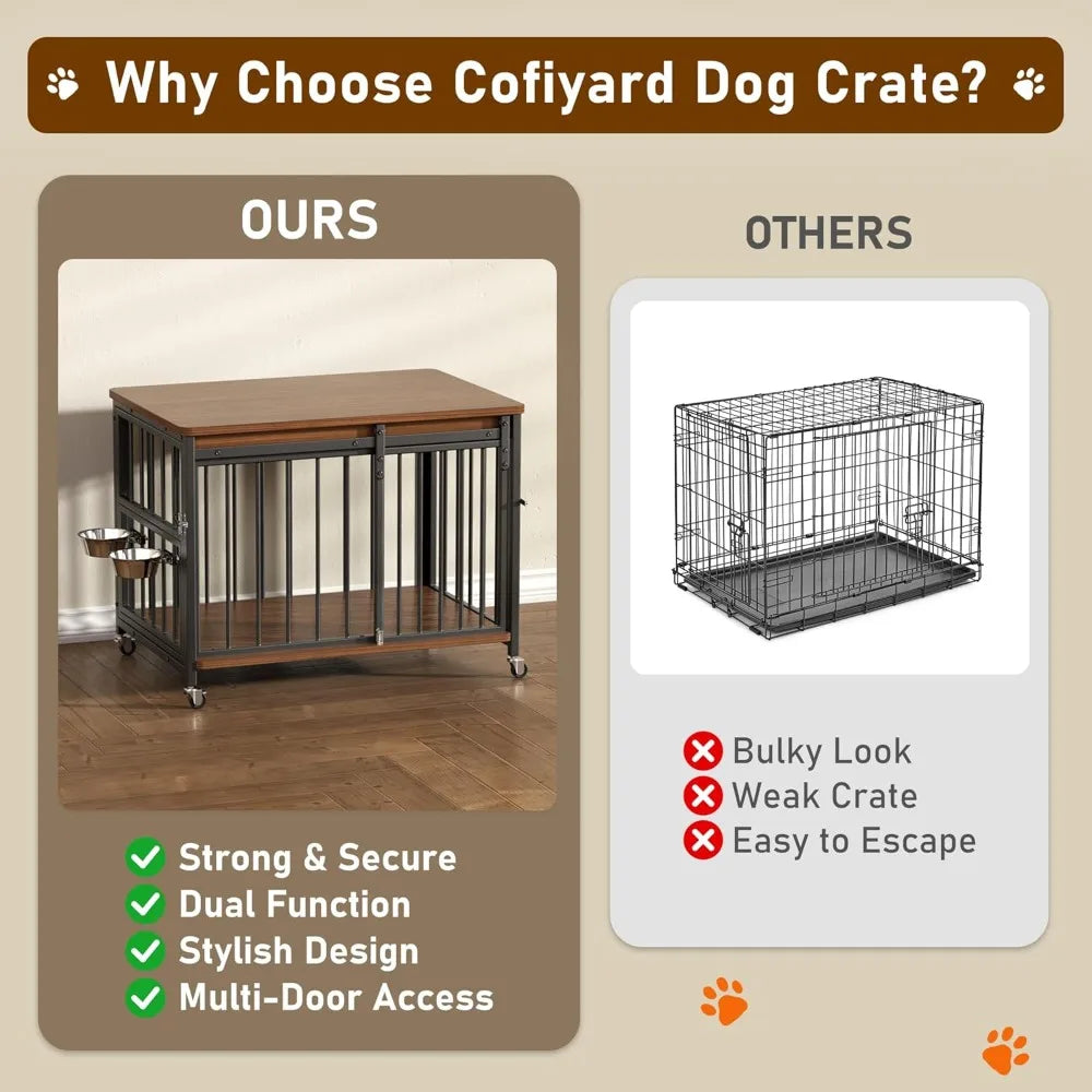 32’’ Wooden Dog Kennel Indoor with Sliding Front Door, Multi-Side Openings & Feeding Window Pet Cage House