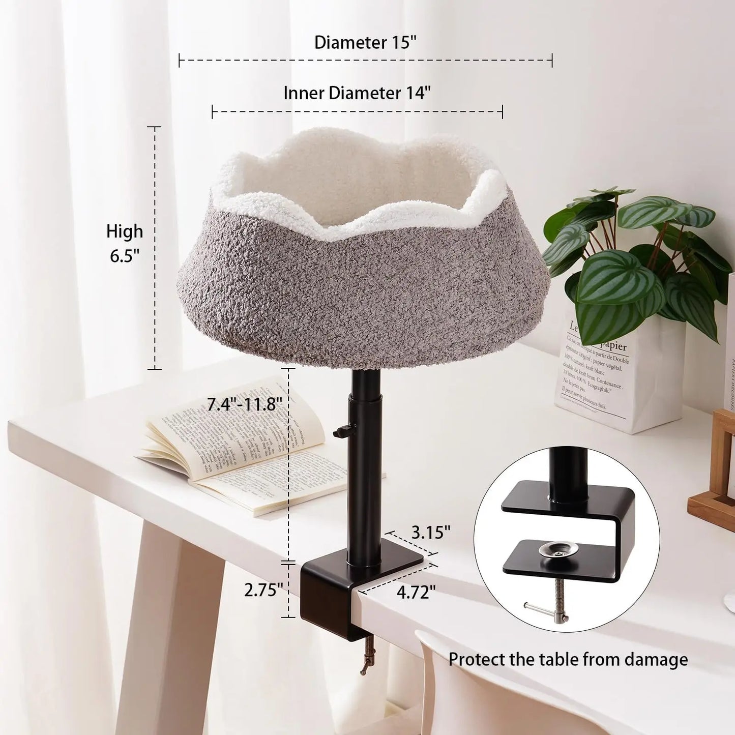 MEWOOFUN Cat Desk Bed Desk Perch with 360 Rotation Adjustable Height Full Wrap Around Edges Comfortable Pet Bed Desktop For Cats