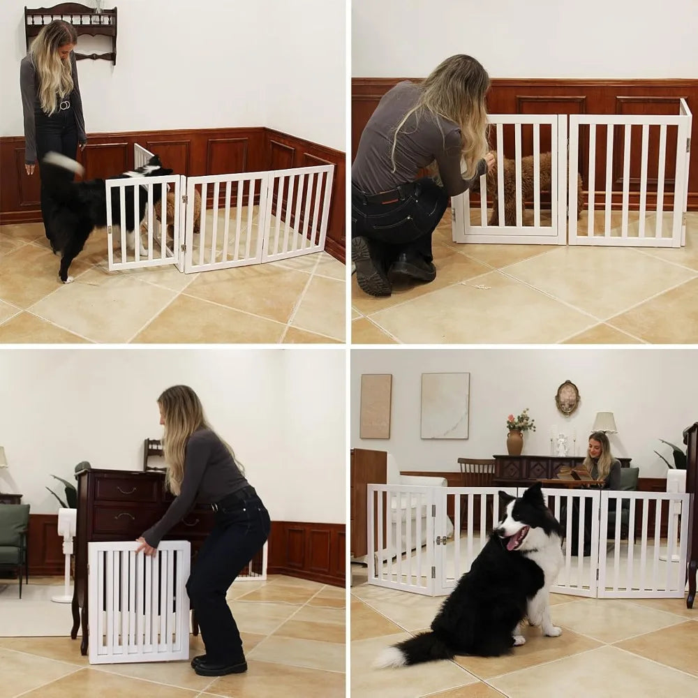 Foldable Dog Gate Indoor with Door, Wooden White Dog Fence for Doorway, Stairs, House, or Room, Pet Gate with Support