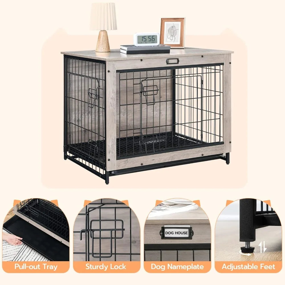 Free Delivery - Dog Crate Furniture, 32.5" Medium Dog Kennel Indoor, Wooden Cage with Pull-Out Tray, Double Doors Pet House