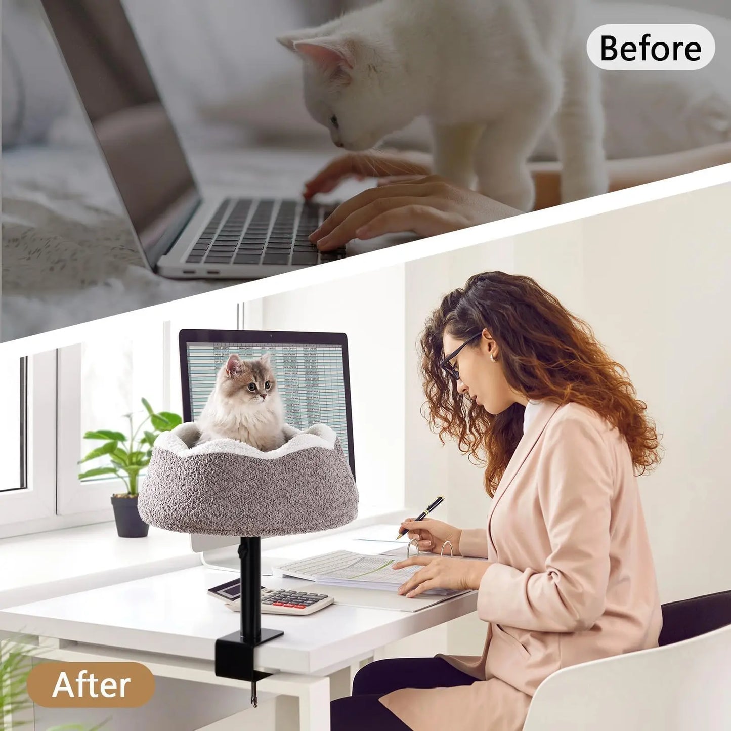 MEWOOFUN Cat Desk Bed Desk Perch with 360 Rotation Adjustable Height Full Wrap Around Edges Comfortable Pet Bed Desktop For Cats