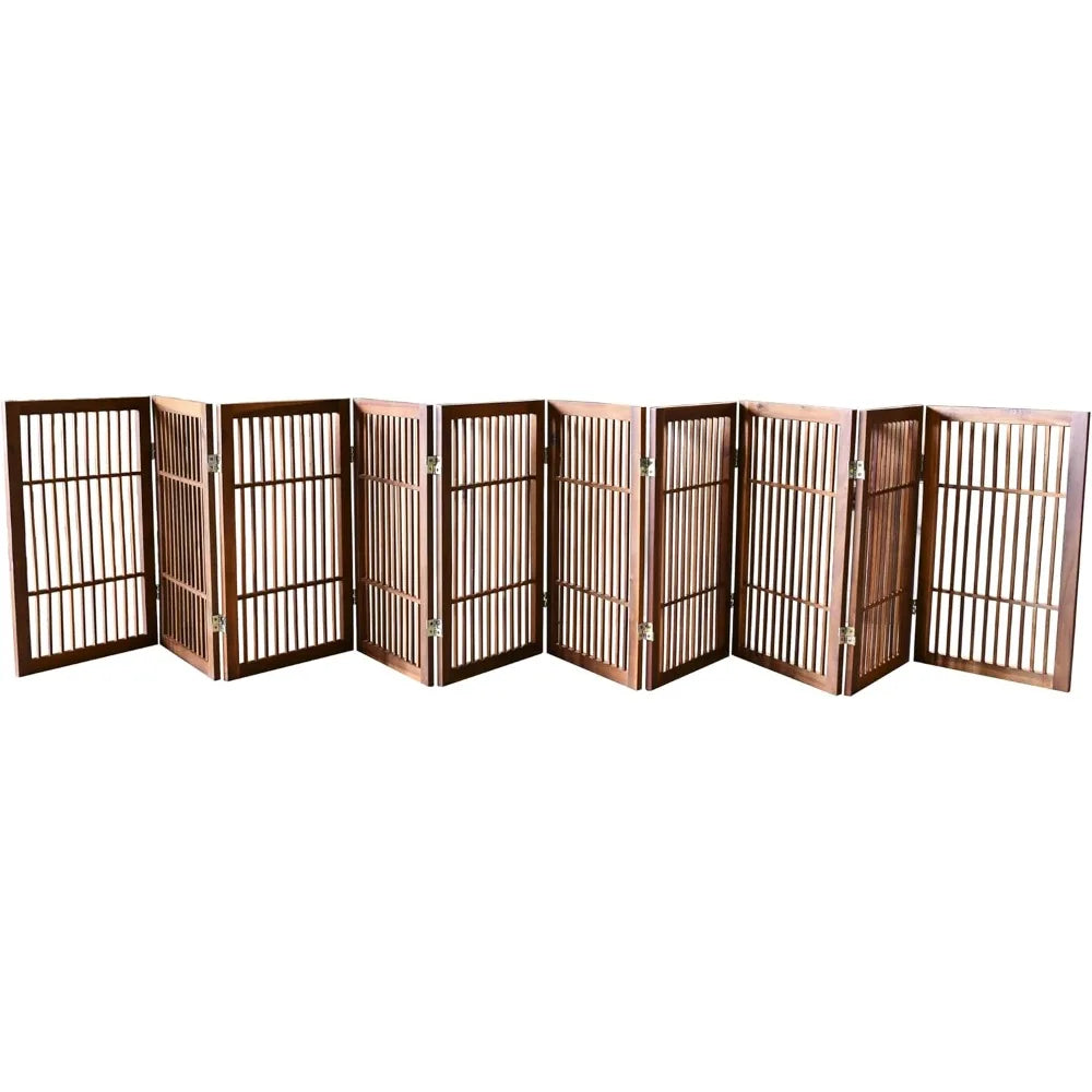 Pet Dog Gate Strong and Durable Freestanding Folding Acacia Hardwood Portable Wooden Fence Indoors or Outdoors