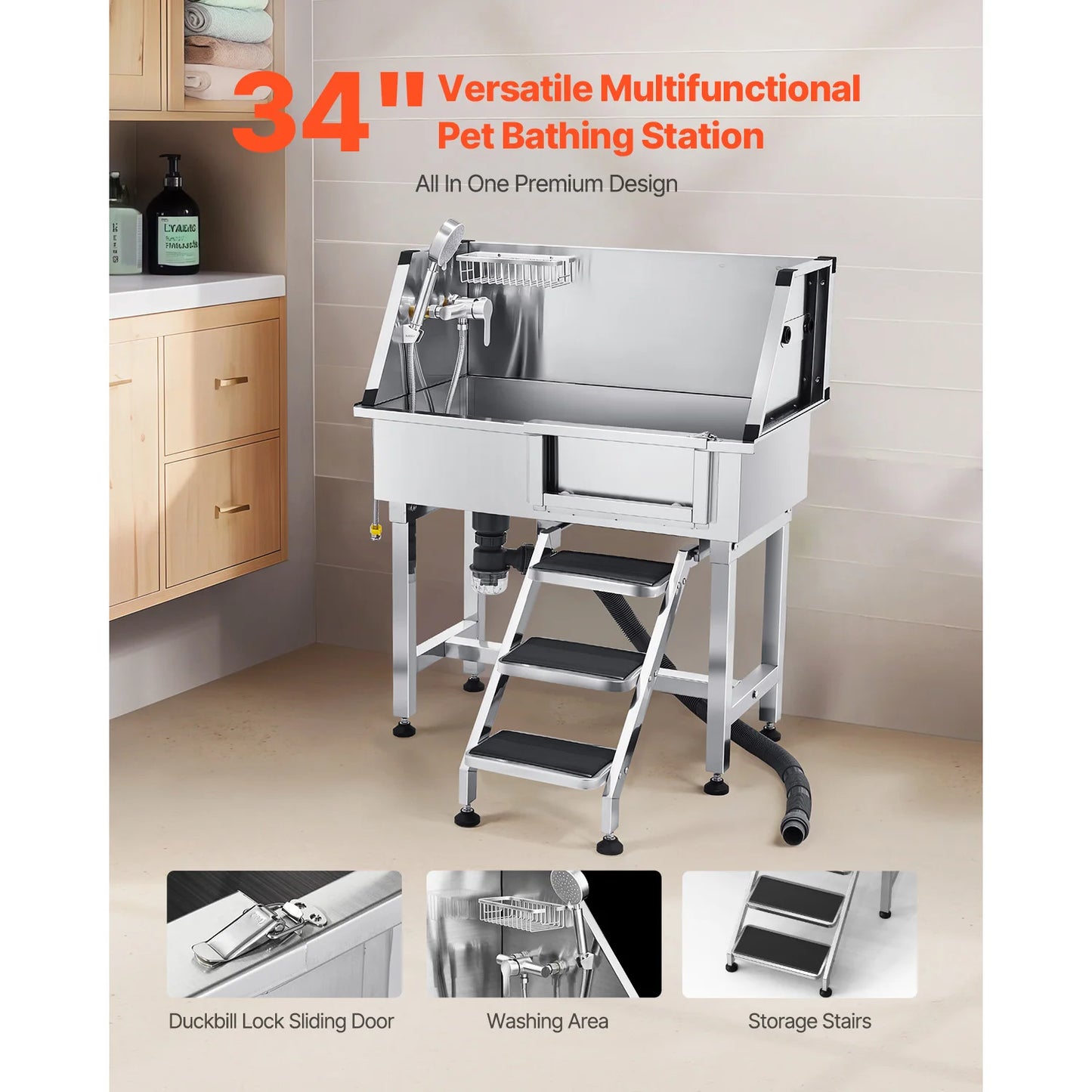 Stainless Steel Dog Washing Station With Storage Stairs And Faucet Shower