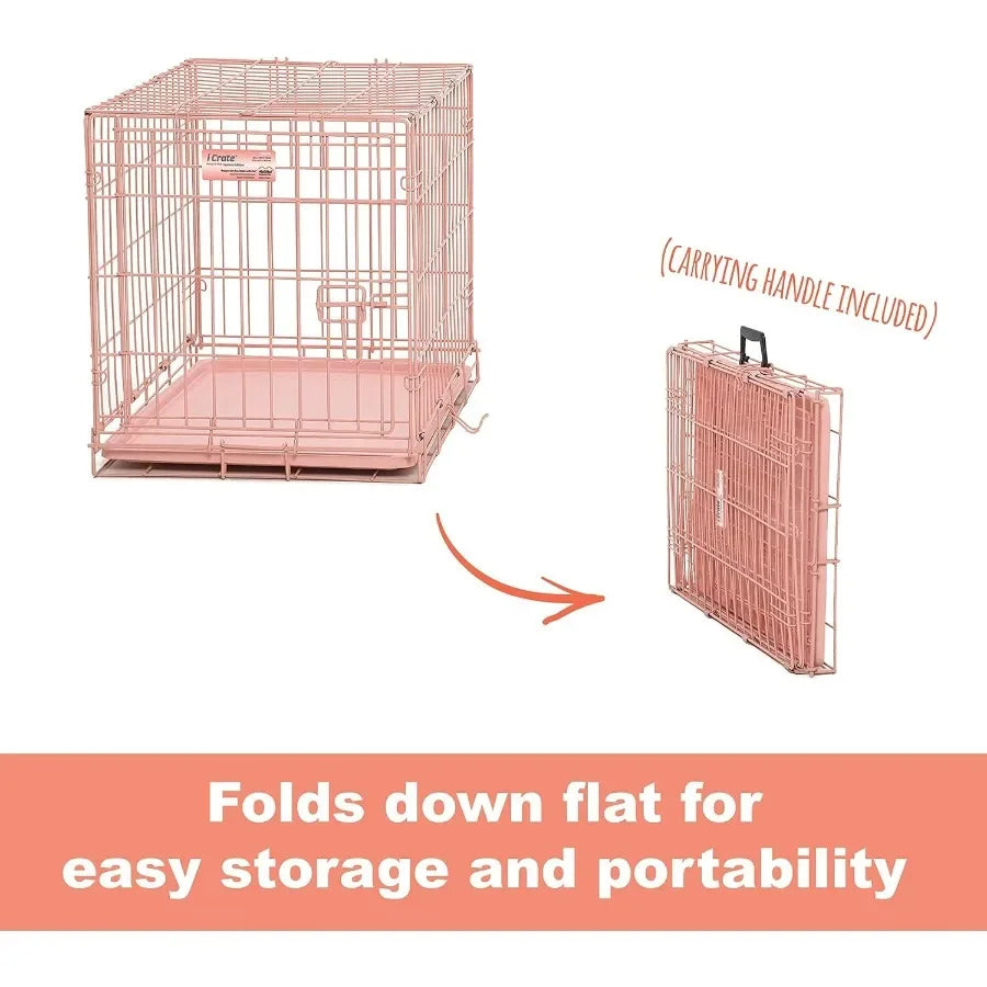 24Inch Pink Fashion iCrate Single Door Folding Dog Crate with Enhanced Security Features Ideal for Home and Travel Use Includes