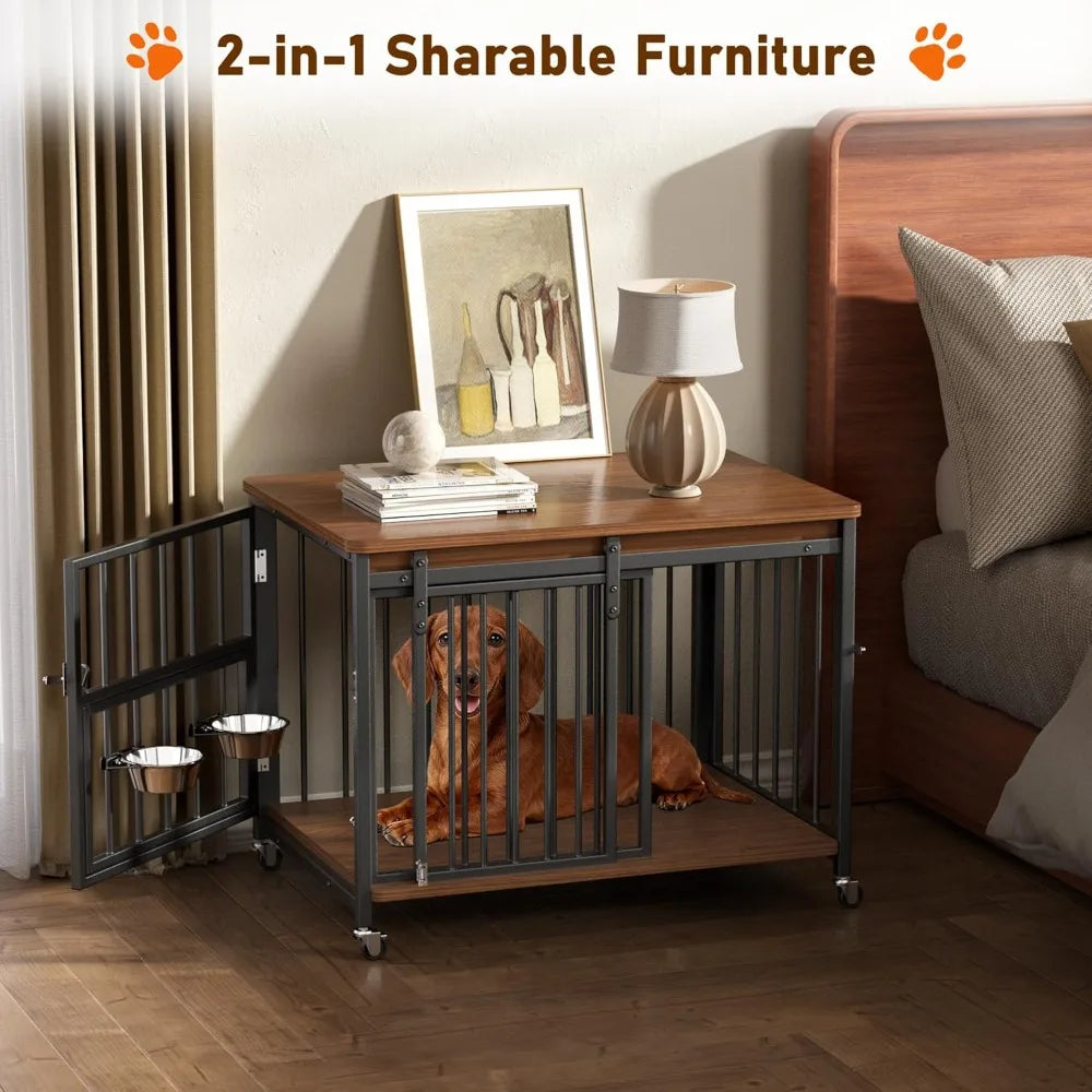 32’’ Wooden Dog Kennel Indoor with Sliding Front Door, Multi-Side Openings & Feeding Window Pet Cage House