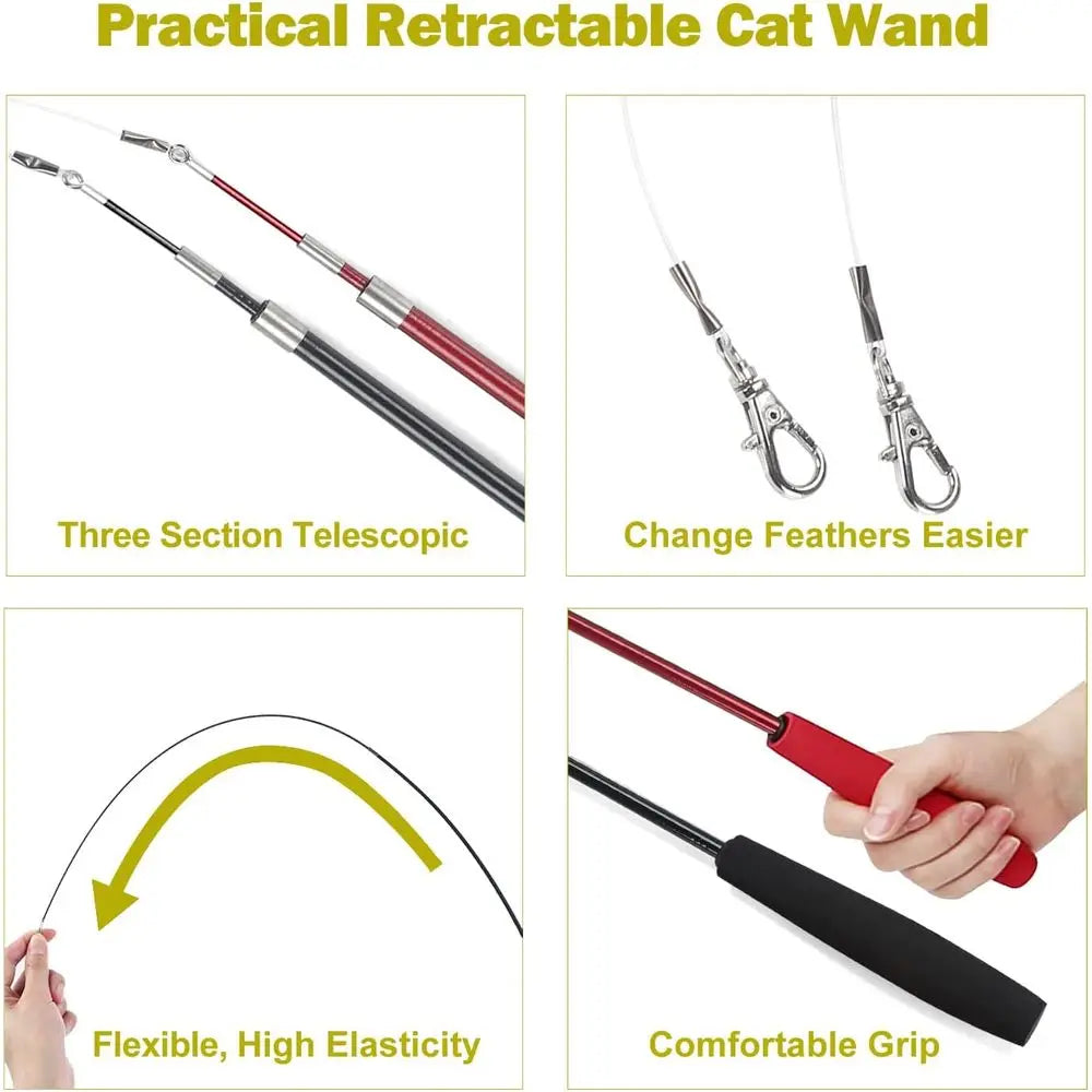 Cat Interactive Retractable Wand Toy Kit With Feather Toys For Indoor Cats