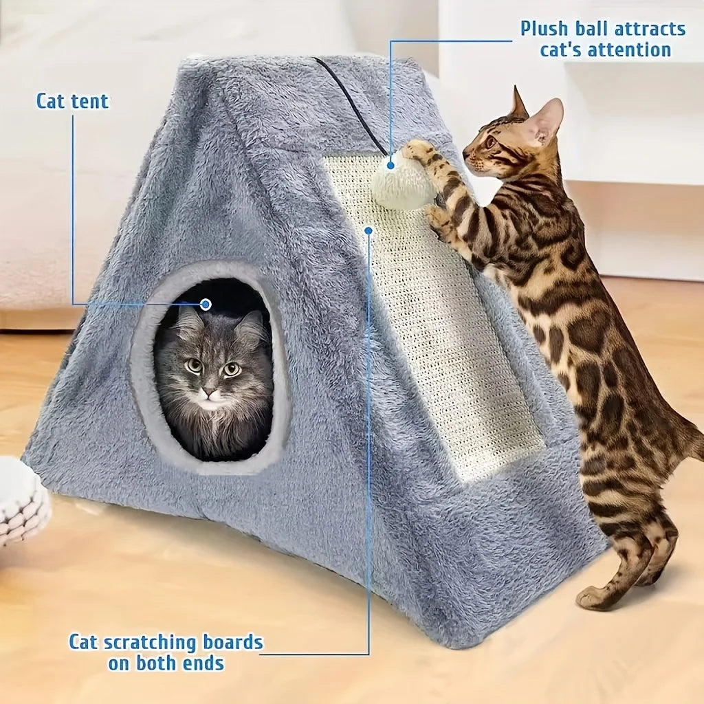 Cat Bed With Plush Toy Ball And Scratching Board For Cats And Kittens