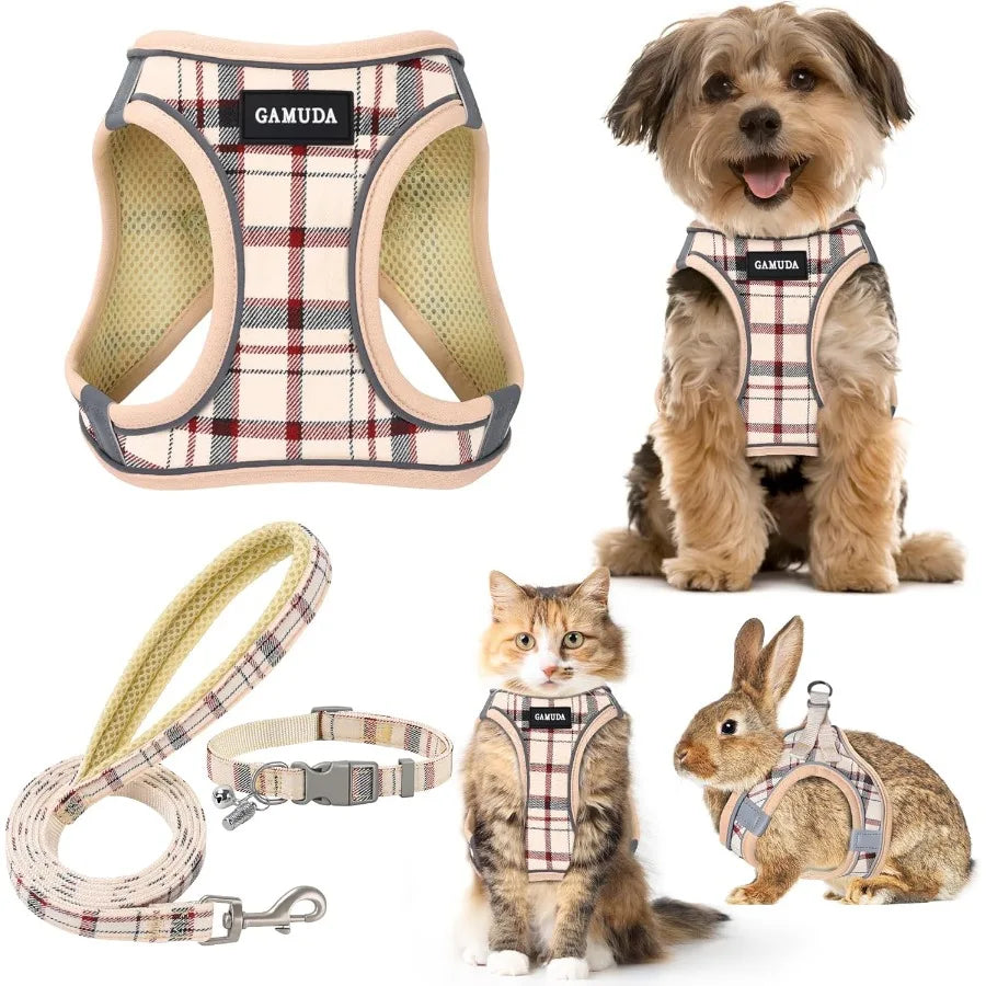 Adjustable Soft Mesh Dog Harness Collar and Leash Set for Small Dogs Puppies Cats Kittens Rabbits with Reflective Plaid Design
