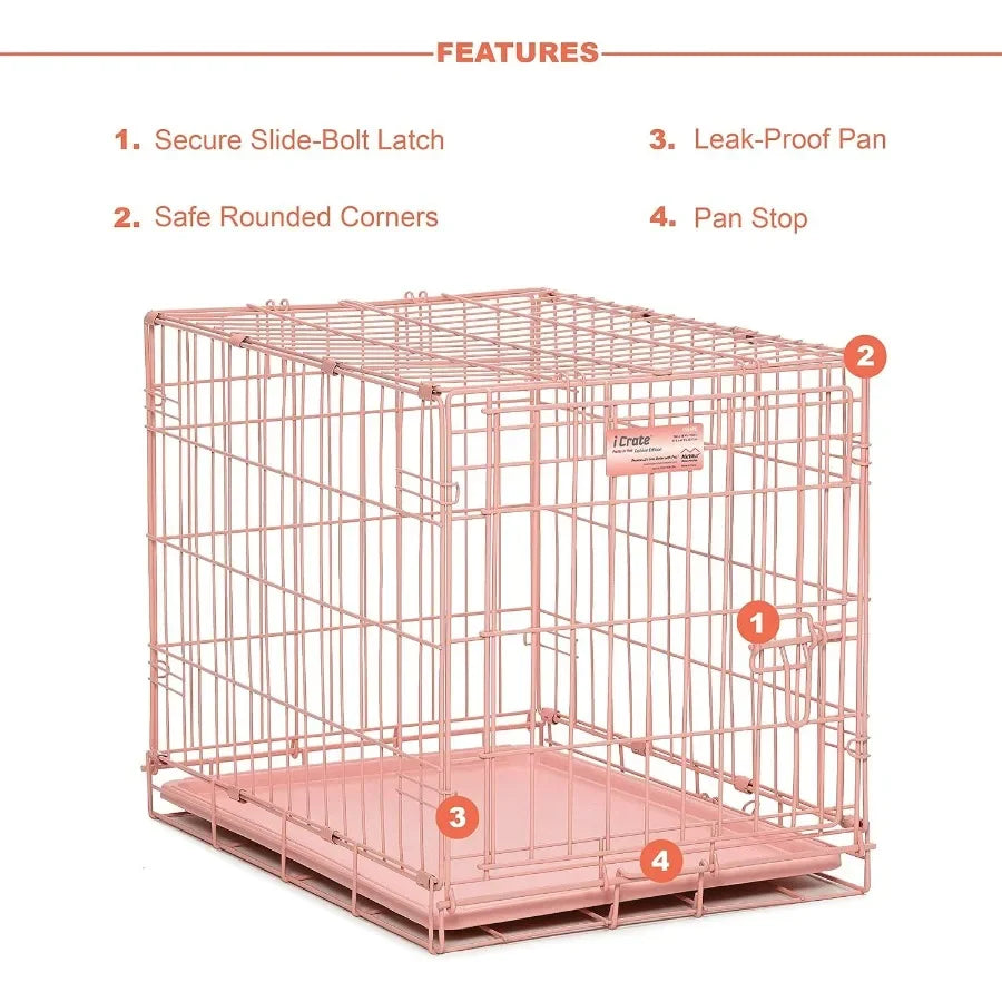 24Inch Pink Fashion iCrate Single Door Folding Dog Crate with Enhanced Security Features Ideal for Home and Travel Use Includes