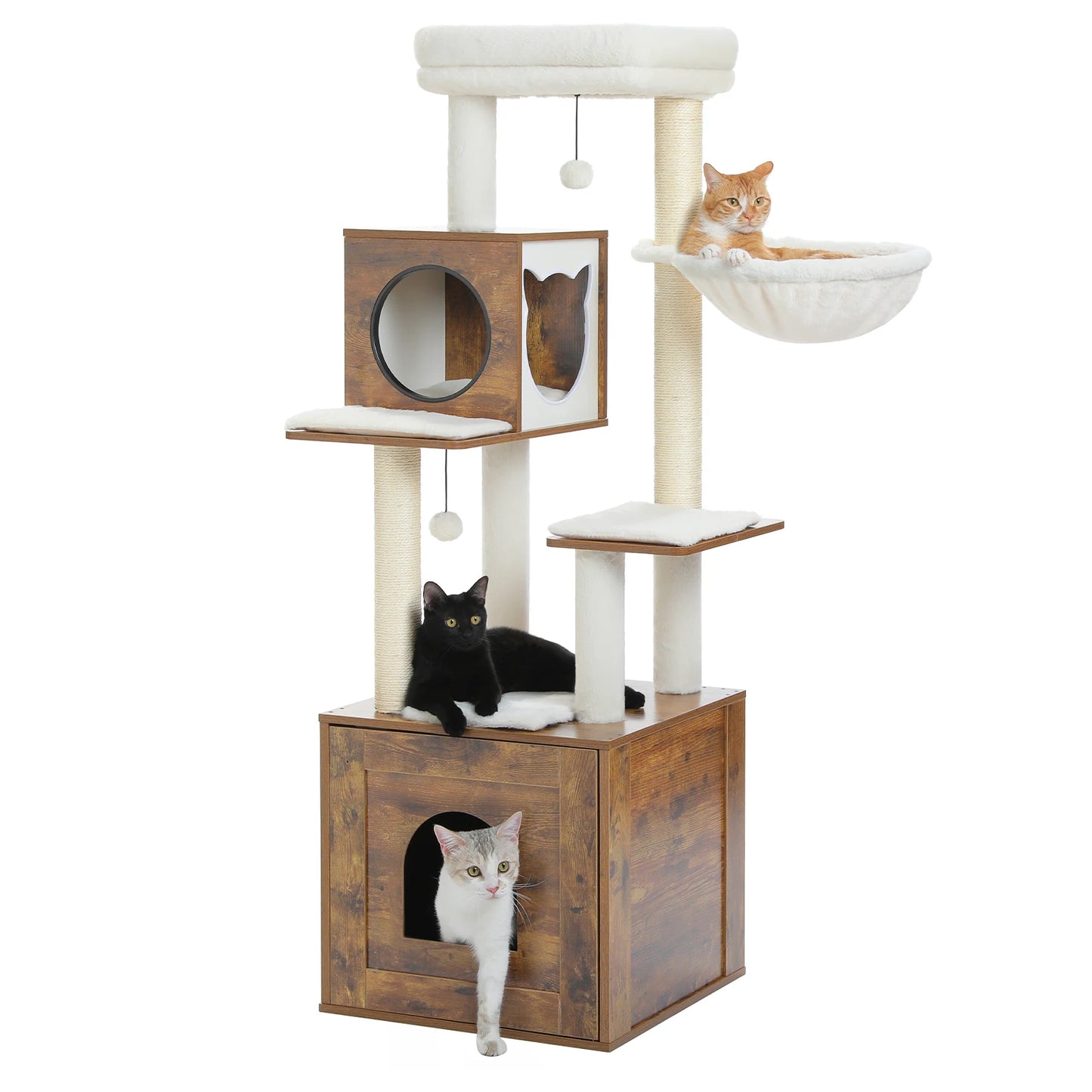 Wood Cat Tree with Storage Cabinet Sisal Scratching Posts Cozy Condo Hammock Dangling Balls Large Cat Tower for Indoor Cat Toys
