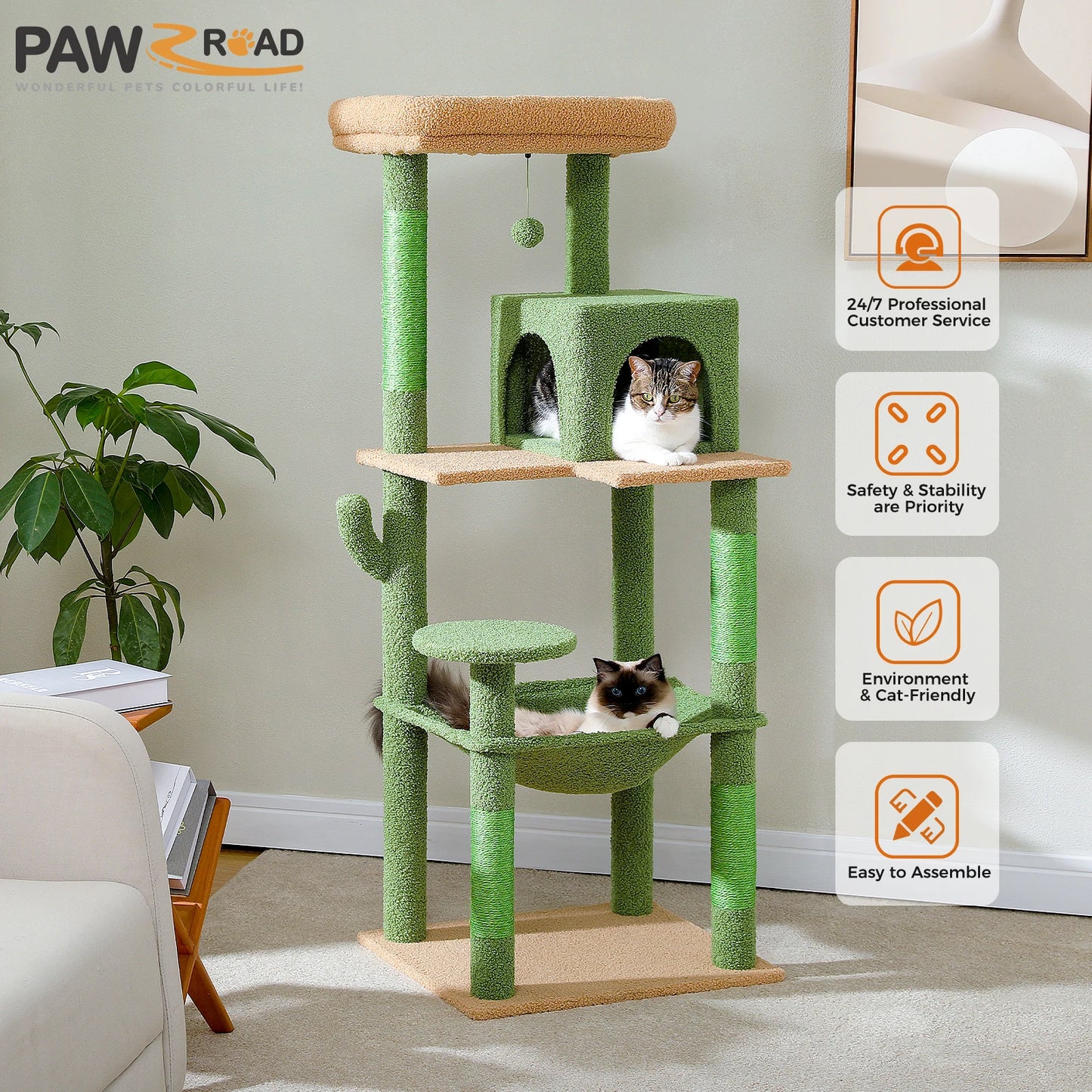 PAWZ Road Cactus Cat Tree Tower For Cats With Hammock