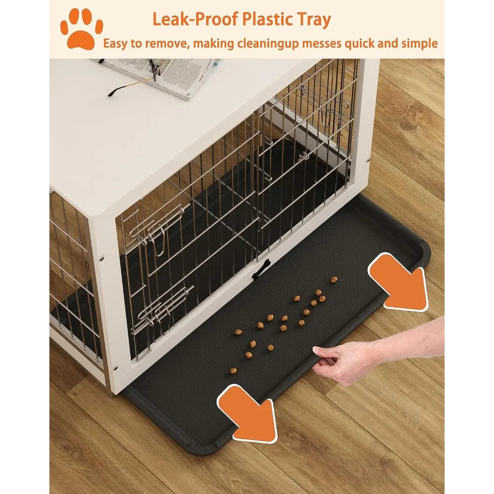 Wooden Dog Crate Furniture with Divider, End Table Design, and Double Door Kennel with Removable Tray