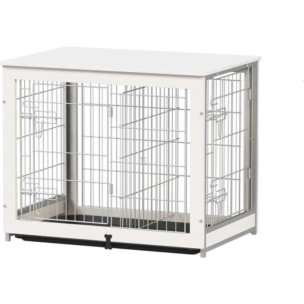Wooden Dog Crate Furniture with Divider, End Table Design, and Double Door Kennel with Removable Tray
