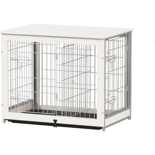 Wooden Dog Crate Furniture with Divider, End Table Design, and Double Door Kennel with Removable Tray