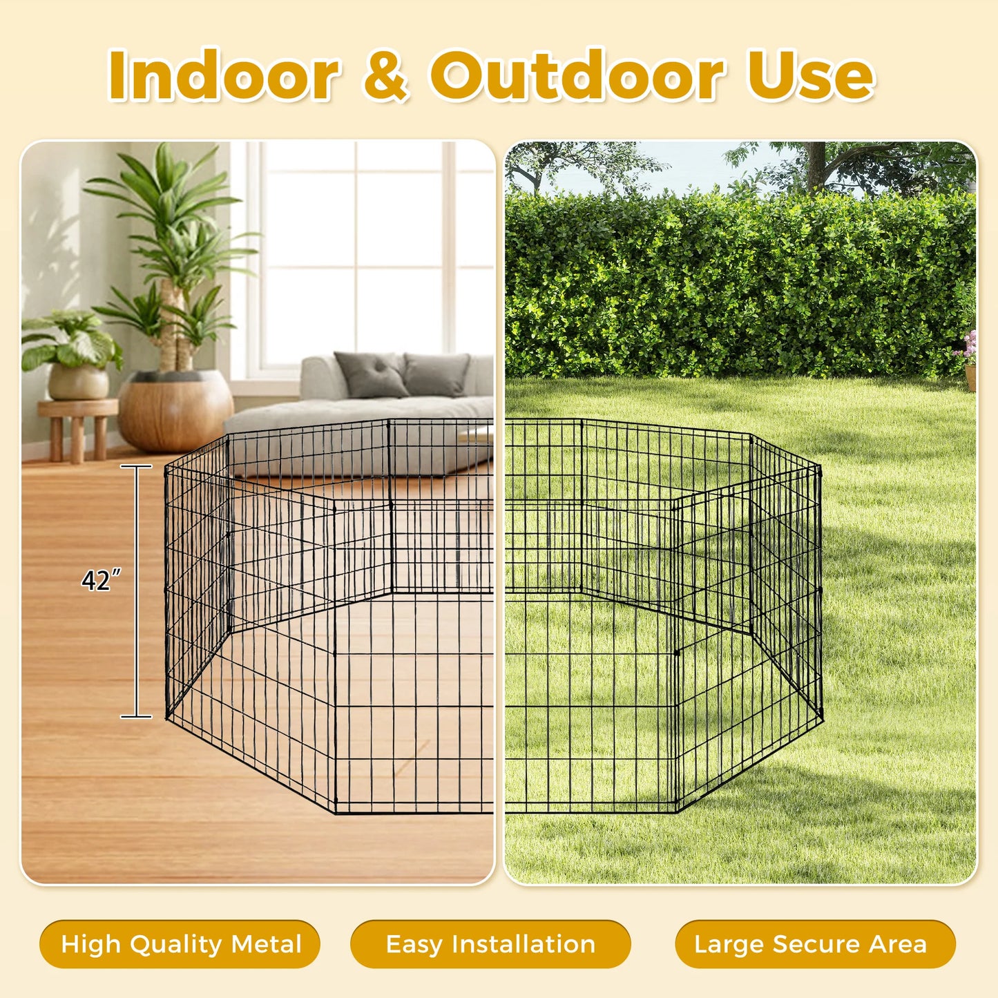 Foldable Metal Dog Playpen for Indoor/Outdoor, Pet Dog Fence Exercise, Pet Puppy Playpen Cage for Yard, Easy Assemble Cat House