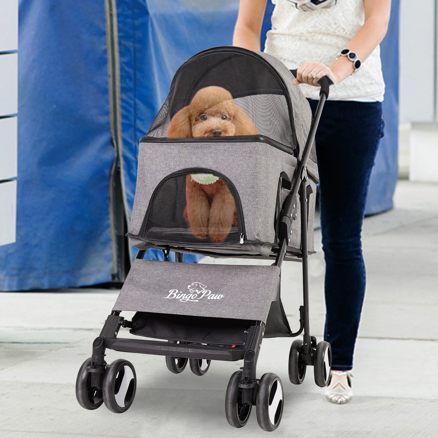 Pet Stroller Large 4 Wheel Dog Carrier Trailer Pram with Mesh Windows Outdoor Portable Puppy Travel Walk Carrier Load 30kg