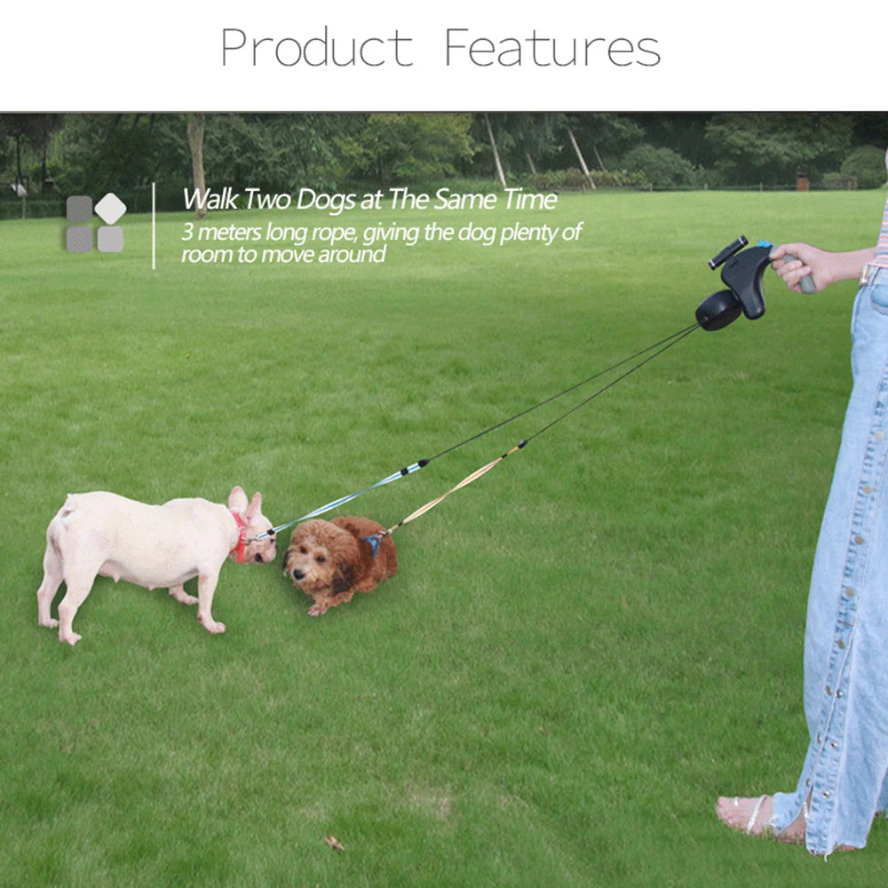 Double Dog Leash With Light Retractable Dual Rope Premium
