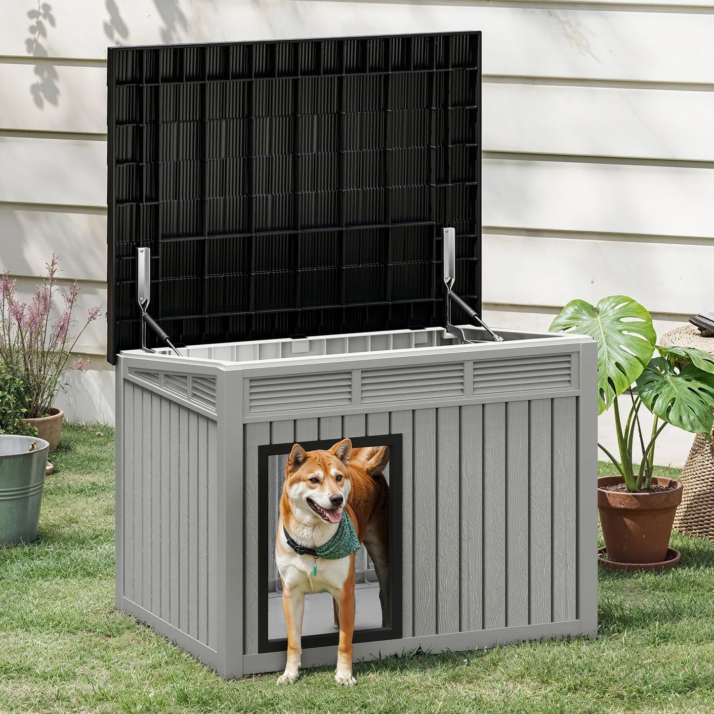 Gray Plastic Dog House with Liftable Roof Outdoor Indoor Dog Kennel w/ Air Vents