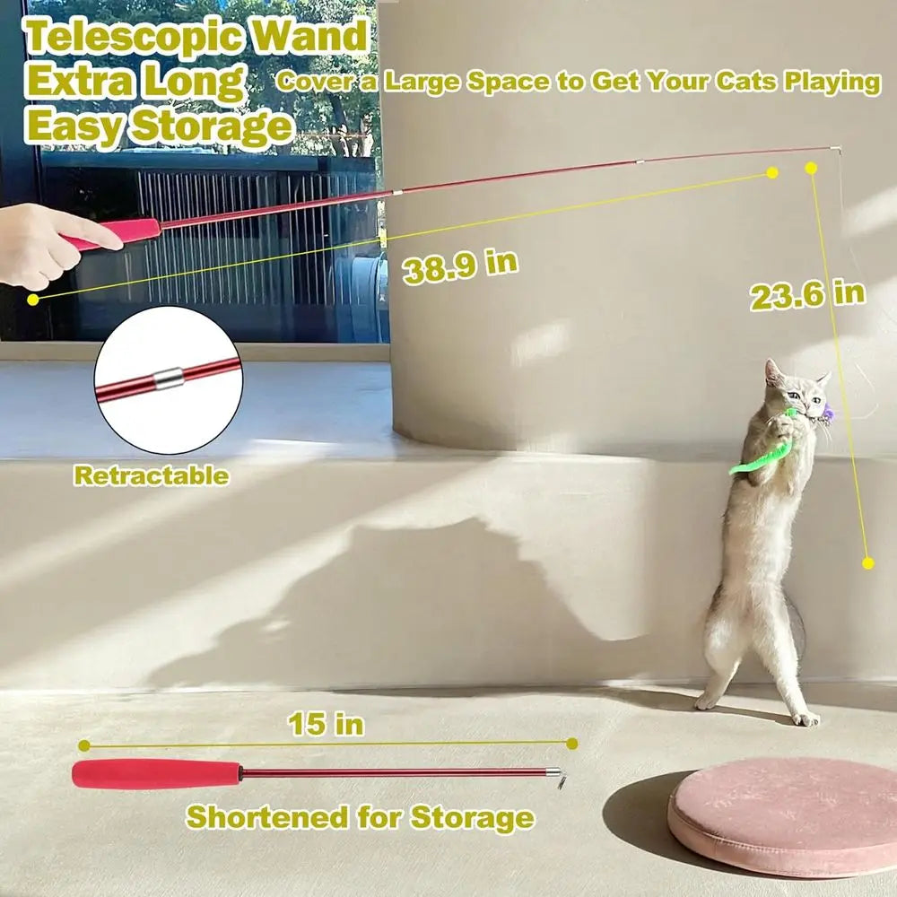 Cat Interactive Retractable Wand Toy Kit With Feather Toys For Indoor Cats