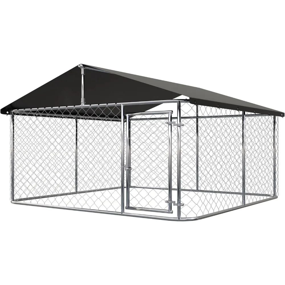 7.5'x7.5' Outdoor Dog Kennel with Metal Dog Gate, Outdoor Dog Pens with Roof, Heavy Duty Dog Kennel for Backyard Farm