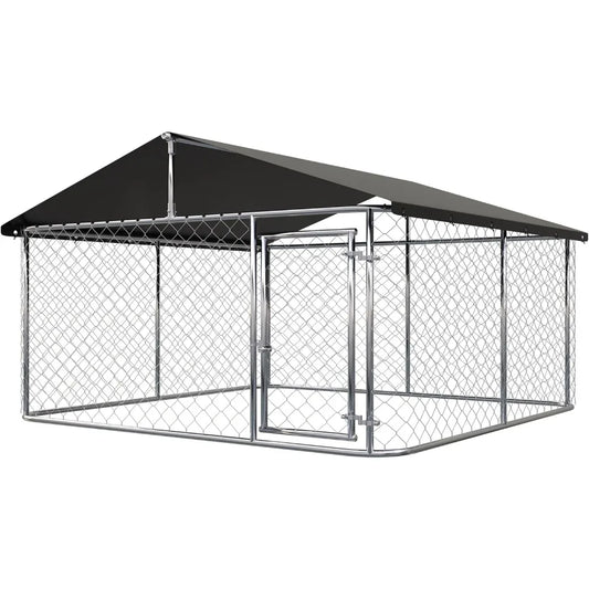 7.5'x7.5' Outdoor Dog Kennel with Metal Dog Gate, Outdoor Dog Pens with Roof, Heavy Duty Dog Kennel for Backyard Farm